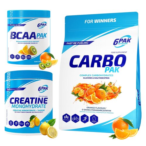Odżywka węglowodanowa 6PAK Carbo Pak Pomarańczowy (1000 g) + Monohydrat kreatyny 6PAK Cytrynowy (500 g) + Aminokwasy BCAA 6PAK Pak Kiwi-pomarańczowy (400 g)