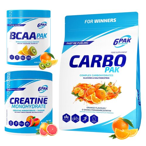 Odżywka węglowodanowa 6PAK Carbo Pak Pomarańczowy (1000 g) + Monohydrat kreatyny 6PAK Grejpfrutowy (500 g) + Aminokwasy BCAA 6PAK Pak Kiwi-pomarańczowy (400 g)