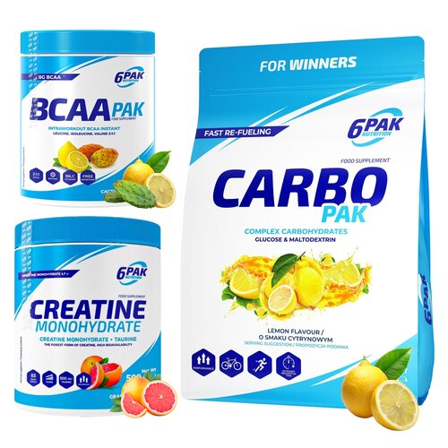 Odżywka węglowodanowa 6PAK Carbo Pak Cytrynowy (1000 g) + Monohydrat kreatyny 6PAK Grejpfrutowy (500 g) + Aminokwasy BCAA 6PAK Pak Cytrynowo-kaktusowy (400 g)