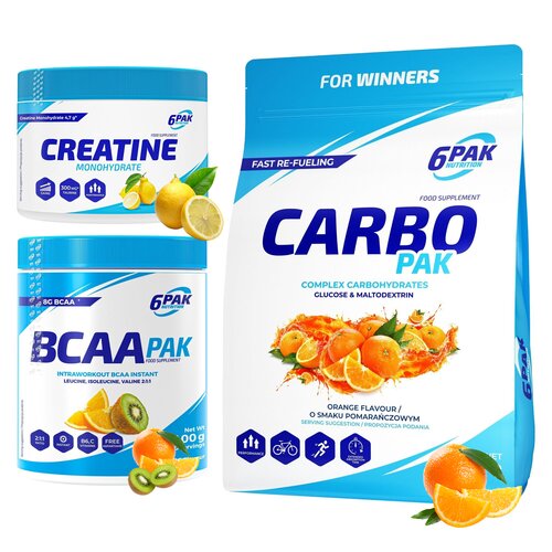 Odżywka węglowodanowa 6PAK Carbo Pak Pomarańczowy (1000 g) + Monohydrat kreatyny 6PAK Cytrynowy (300 g) + Aminokwasy BCAA 6PAK Pak Kiwi-pomarańczowy (400 g)
