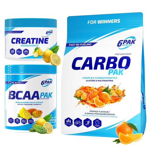 Odżywka węglowodanowa 6PAK Carbo Pak Pomarańczowy (1000 g) + Monohydrat kreatyny 6PAK Cytrynowy (300 g) + Aminokwasy BCAA 6PAK Pak Cytrynowo-kaktusowy (400 g)