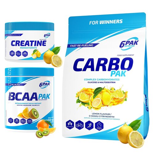 Odżywka węglowodanowa 6PAK Carbo Pak Cytrynowy (1000 g) + Monohydrat kreatyny 6PAK Cytrynowy (300 g) + Aminokwasy BCAA 6PAK Pak Kiwi-pomarańczowy (400 g)