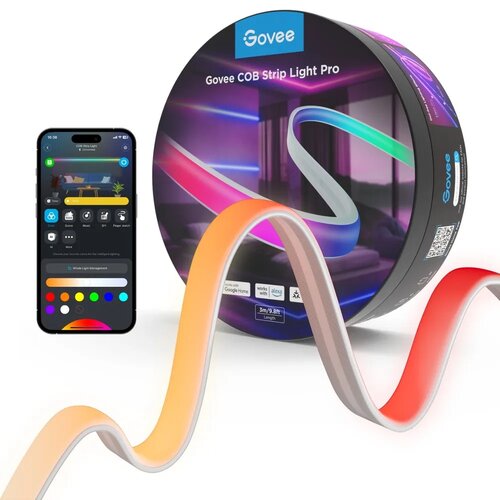 Opakowanie produktu zawiera napis "Govee COB Strip Light Pro" oraz ikony wskazujące na kompatybilność z Google Home i Alexa. Na ekranie smartfona widoczna jest aplikacja do sterowania oświetleniem, z różnymi opcjami kolorów i ustawień.