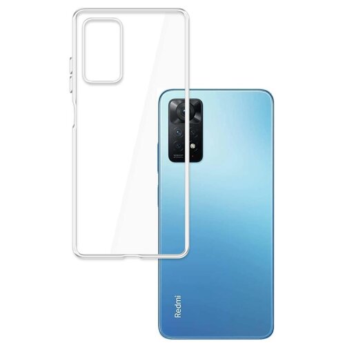Przezroczyste etui na telefon jest umieszczone obok niebieskiego smartfona, na którym widoczny jest napis "Redmi" w dolnej części obudowy. Etui ma wycięcia na aparat i przyciski, a smartfon posiada prostokątny moduł aparatu z kilkoma obiektywami.