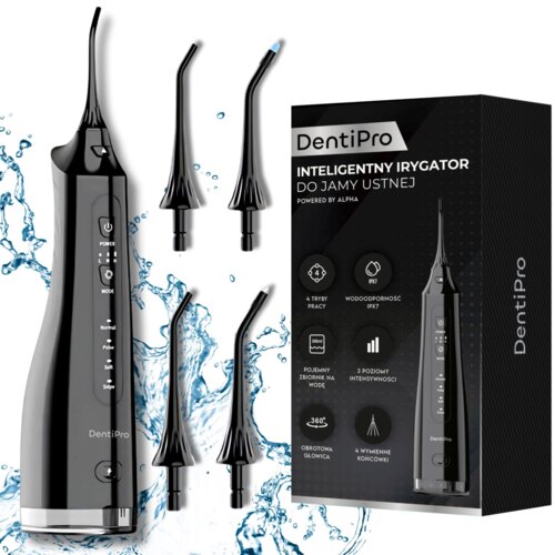 Czarny irygator do zębów DentiPro z widocznymi przyciskami "Power" i "Mode" oraz trzema wymiennymi końcówkami, obok opakowanie z napisem "Inteligentny irygator do jamy ustnej powered by ALPHA". Na opakowaniu znajdują się ikony z opisami: "4 tryby pracy", "Wodoodporność IPX7", "Pojemny zbiornik na wodę", "3 poziomy intensywności", "Obrotowa głowica", "4 wymienne końcówki".