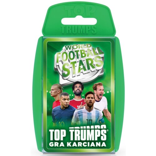 Na zdjęciu znajduje się zielone opakowanie gry karcianej z napisem "WORLD FOOTBALL STARS" oraz "TOP TRUMPS GRA KARCIANA". Widoczne są także wizerunki pięciu piłkarzy na tle zielonego gradientu.