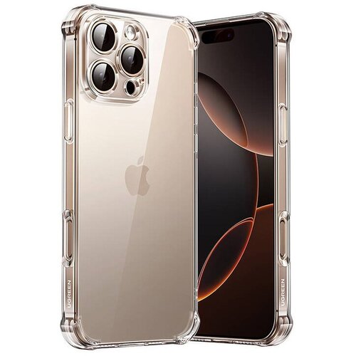 Przezroczyste etui na telefon z widocznym logo "UGREEN" na bokach, zaprojektowane dla modelu Apple iPhone 16 Pro. Etui ma wzmocnione narożniki i wycięcia na aparat oraz przyciski.