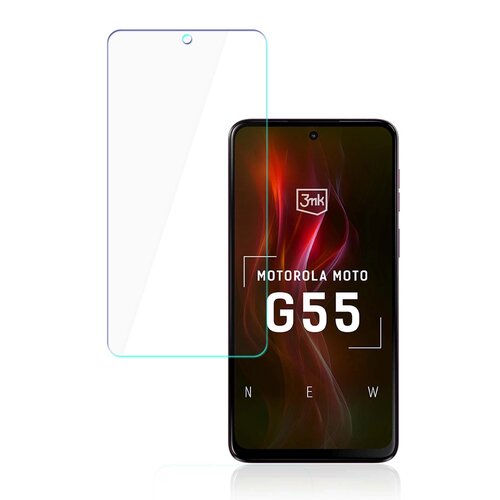 Na zdjęciu widoczny jest telefon z wyświetlaczem, na którym znajduje się logo "3mk" oraz napisy "MOTOROLA MOTO G55" i litery "N", "E", "W". Obok telefonu umieszczona jest przezroczysta folia ochronna z otworem na aparat.