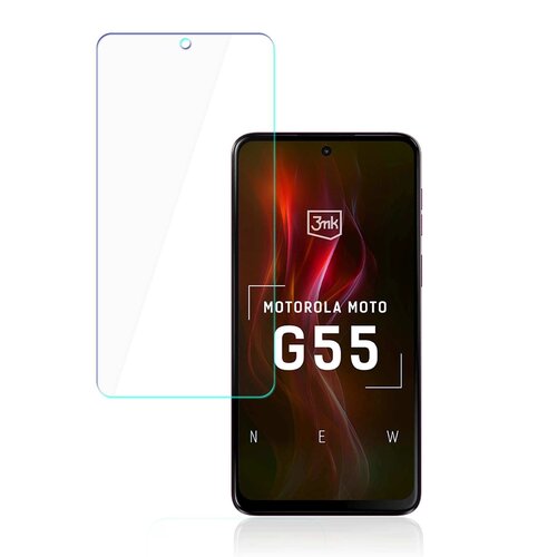 Przezroczyste szkło hybrydowe 3MK FlexibleGlass Lite jest umieszczone obok smartfona z widocznym ekranem, na którym znajduje się logo "3mk" oraz tekst "MOTOROLA MOTO G55". Tło ekranu jest ciemne z dynamicznymi, kolorowymi wzorami.