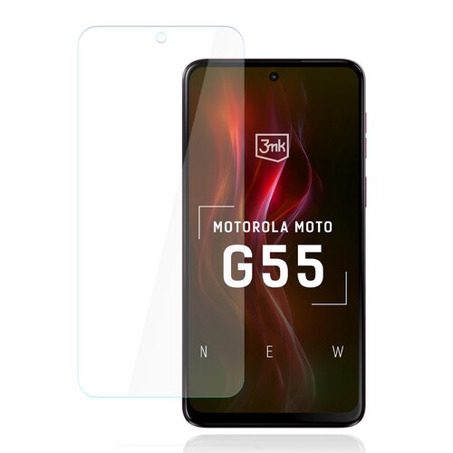 Na zdjęciu widoczny jest telefon z wyświetlaczem, na którym znajduje się napis "3mk MOTOROLA MOTO G55 NEW", a obok niego przezroczysta folia ochronna. Tło ekranu telefonu ma abstrakcyjny, kolorowy wzór.