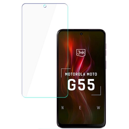Na zdjęciu widoczny jest telefon z wyświetlaczem, na którym znajduje się logo "3mk" oraz napis "MOTOROLA MOTO G55". Obok telefonu umieszczona jest przezroczysta folia ochronna z otworem na aparat.
