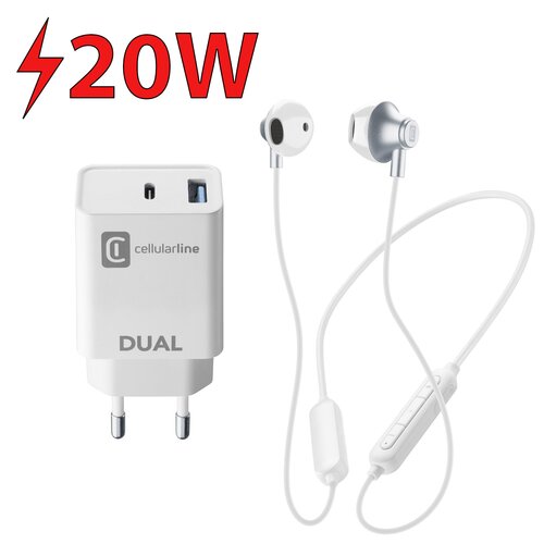 Ładowarka sieciowa CELLULARLINE PD 20W Biały + Słuchawki Bluetooth
