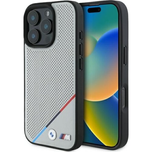 Etui BMW M Perforated Tricolor Line MagSafe do Apple iPhone 16 Pro Max Szary