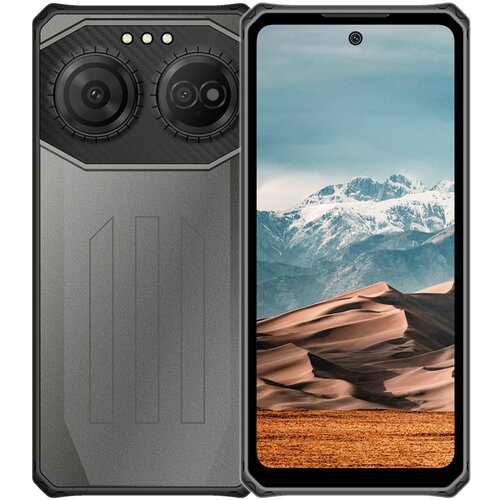 Na zdjęciu widoczny jest smartfon z przodu i z tyłu. Ekran smartfona wyświetla krajobraz z górskimi szczytami pokrytymi śniegiem i pustynnymi wydmami, a tylna obudowa ma dwa duże obiektywy aparatu i teksturowaną powierzchnię.