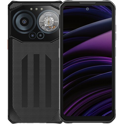 Na zdjęciu widoczny jest czarny smartfon z wyświetlaczem o przekątnej 6.6 cala, obok którego znajduje się jego tył z teksturowaną powierzchnią i trzema okrągłymi elementami, w tym jednym przypominającym tarczę zegara. Na ekranie smartfona widoczne są abst