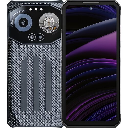 Na zdjęciu widoczny jest smartfon z szarym, teksturowanym tyłem, posiadającym duży okrągły moduł aparatu oraz dodatkowy element przypominający zegar. Ekran urządzenia wyświetla abstrakcyjną grafikę z fioletowymi i czarnymi liniami.