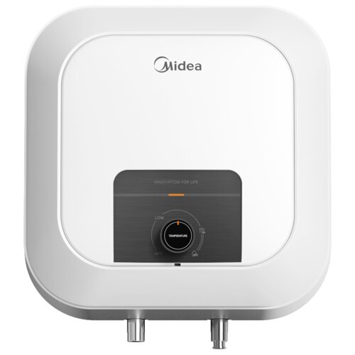 Kwadratowy, biały bojler elektryczny z logo "Midea" na górze, posiada czarny panel z pokrętłem do regulacji temperatury, oznaczeniami "LOW", "OFF", "TEMPERATURE" oraz napisem "INNOVATION FOR LIFE". Na dole widoczne są dwa metalowe przyłącza.
