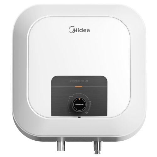 Kwadratowy, biały bojler elektryczny z logo "Midea" na górze, posiada centralnie umieszczony panel sterowania z napisem "INNOVATION FOR LIFE" oraz pokrętłem do regulacji temperatury oznaczonym jako "TEMPERATURE". Na panelu widoczne są oznaczenia "LOW", "OFF" oraz skala temperatury.