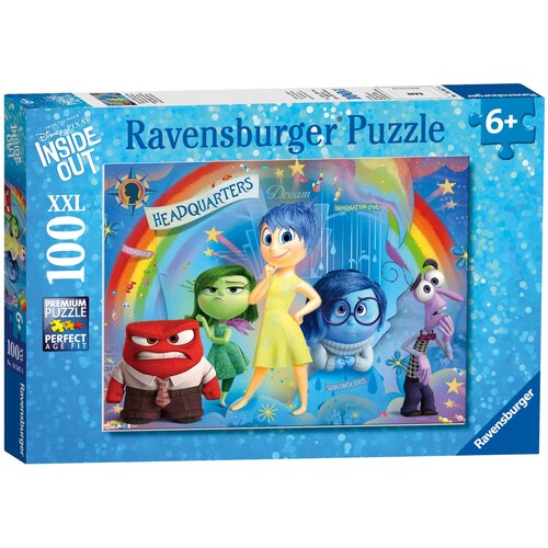 Pudełko puzzli Ravensburger z motywem z filmu "Inside Out" przedstawia kolorową ilustrację postaci z filmu na tle tęczy i gwiazd. Na opakowaniu widnieją napisy: "Ravensburger Puzzle", "XXL 100", "Premium Puzzle Perfect Age Fit", "6+" oraz "Disney Pixar In