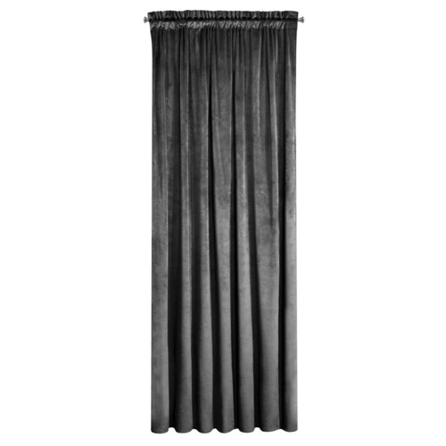 Czarna zasłona z materiału o aksamitnej fakturze, zawieszona na karniszu, z widocznymi pionowymi fałdami. Produkt to "Zasłona EUROFIRANY Melanie 140 x 270 cm Czarny".
