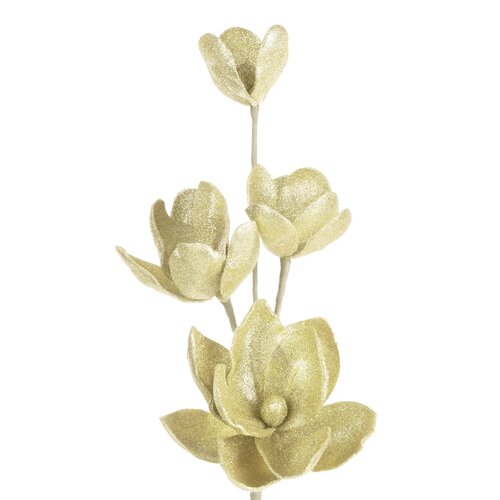 Dekoracyjny kwiat w kolorze szampańskim z pięcioma błyszczącymi pąkami na pojedynczej łodydze. Produkt to "Kwiat dekoracyjny EUROFIRANY Flore 724 20 x 75 cm Szampański".