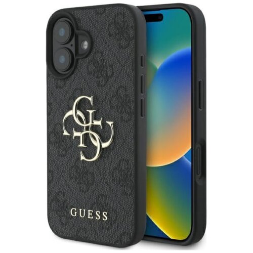 Czarne etui na telefon z dużym, złotym logo składającym się z liter "G" i "C" na tle wzoru 4G. Na dole etui widnieje napis "GUESS".