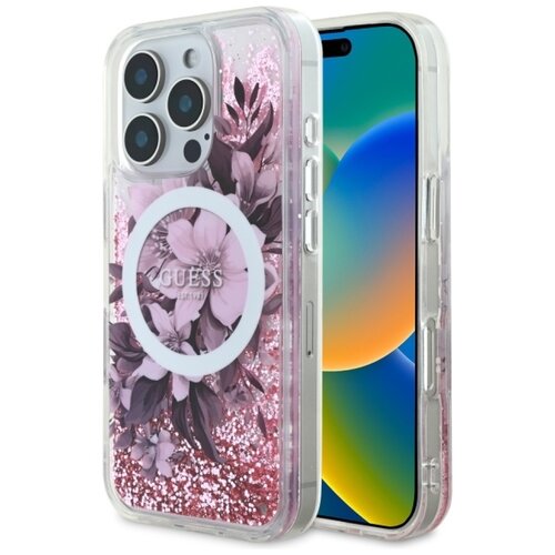 Etui GUESS Liquid Glitter Flower MagSafe do Apple iPhone 16 Pro Różowy