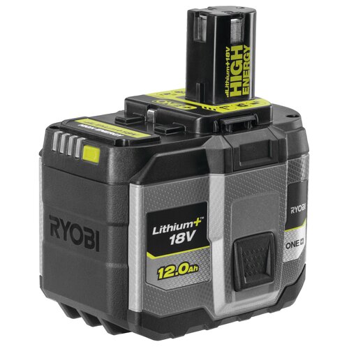 Czarny akumulator z żółtymi i szarymi elementami, na którym widnieje napis "Lithium+ 18V 12.0Ah" oraz "HIGH ENERGY". Na obudowie znajduje się logo "RYOBI" i oznaczenie "ONE+".
