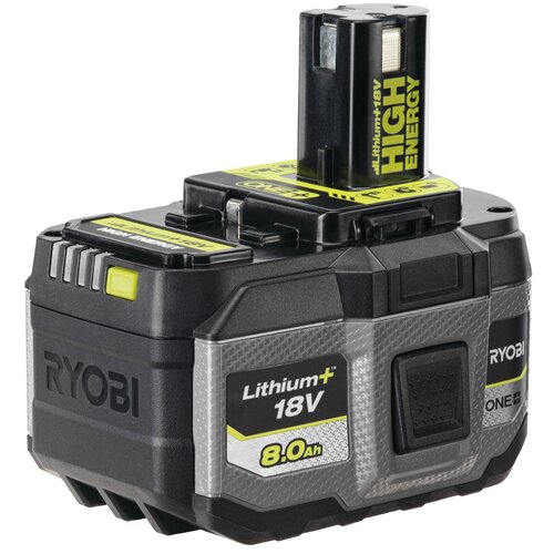 Czarny akumulator z widocznymi napisami: "RYOBI", "Lithium+ 18V", "8.0Ah", "HIGH ENERGY" oraz "ONE+". Produkt ma żółte i szare akcenty oraz teksturowaną powierzchnię.