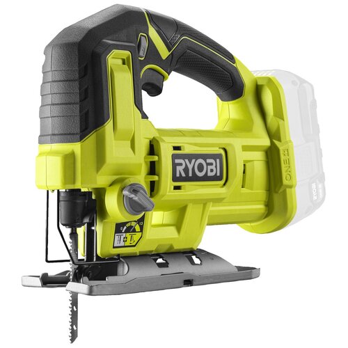 Na zdjęciu znajduje się akumulatorowa wyrzynarka w kolorze zielonym z czarnymi i szarymi elementami. Na obudowie widoczne jest logo "RYOBI" oraz oznaczenie "ONE+".