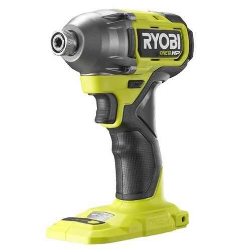 Na zdjęciu znajduje się zakrętarka udarowa w kolorze żółto-czarnym z widocznym logo "RYOBI ONE+ HP" na obudowie. Urządzenie ma ergonomiczny uchwyt i miejsce na akumulator u podstawy.