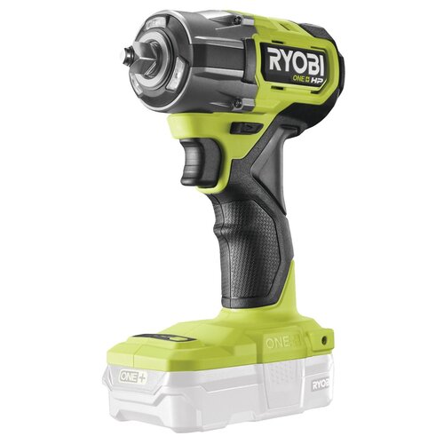 Na zdjęciu znajduje się klucz udarowy w kolorze zielono-czarnym z widocznym logo "RYOBI ONE+ HP" na obudowie. Produkt ma ergonomiczny uchwyt i miejsce na akumulator z oznaczeniem "ONE+" oraz "RYOBI".