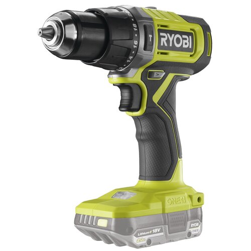 Na zdjęciu znajduje się wiertarko-wkrętarka udarowa w kolorze zielono-czarnym z widocznym logo "RYOBI" na obudowie. Na akumulatorze widnieje napis "Lithium+ 18V 2.0Ah ONE+".