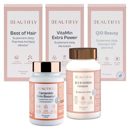 Zestaw suplementów diety BEAUTIFLY (Best of hair + Ceramide Skin Booster + 3-6-9 Omega Complex + Vitamin Extra Power + Q10 Beauty)