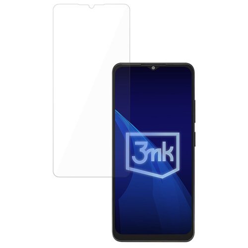 Na zdjęciu widoczny jest telefon z wyświetlaczem, na którym znajduje się logo "3mk" na niebieskim tle. Obok telefonu umieszczone jest przezroczyste szkło ochronne, które jest przeznaczone do modelu ZTE Optus X Pro 5G.