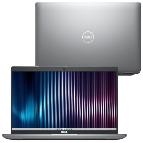 Na zdjęciu widoczny jest laptop z otwartym ekranem, na którym wyświetlane są pionowe, kolorowe linie w odcieniach niebieskiego i różowego. Na obudowie laptopa znajduje się logo "Dell".