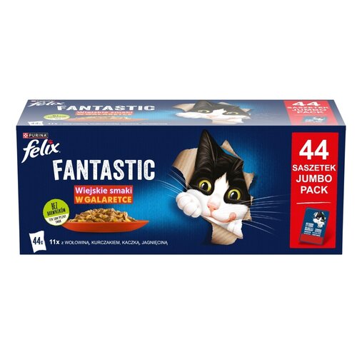 Opakowanie karmy dla kota marki Felix o nazwie "Fantastic Wiejskie smaki w galarecie" zawiera 44 saszetki, a na opakowaniu widoczny jest rysunek kota oraz miska z karmą. Na opakowaniu znajduje się również napis "Bez barwników" oraz informacja o smakach: wołowina, kurczak, kaczka, jagnięcina.