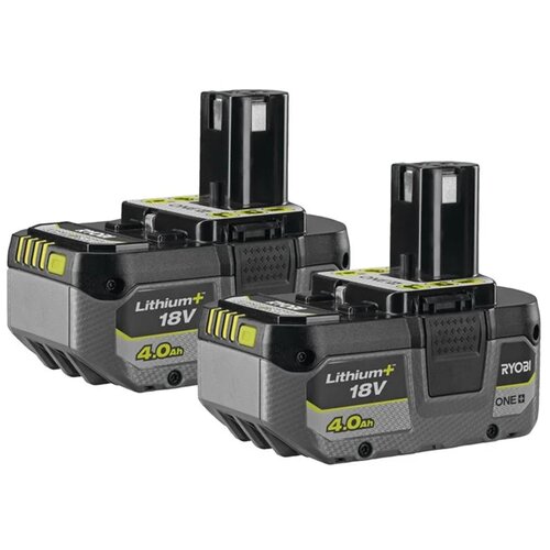 Dwa akumulatory o oznaczeniu "Lithium+ 18V 4.0Ah" z widocznym logo "RYOBI" oraz napisem "ONE+" na obudowie. Akumulatory mają czarno-szaro-żółtą kolorystykę z wyraźnymi elementami konstrukcyjnymi i złączami.