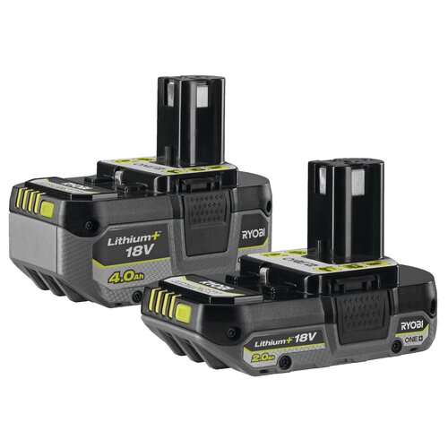 Dwa akumulatory litowe z oznaczeniami "Lithium+ 18V" oraz pojemnościami "4.0Ah" i "2.0Ah", z widocznym logo "RYOBI". Akumulatory mają czarno-szaro-żółtą kolorystykę i są częścią systemu "ONE+".