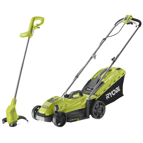 Na zdjęciu widoczna jest elektryczna kosiarka oraz podkaszarka w kolorze zielonym. Na kosiarce znajduje się napis "RYOBI" oraz "EASYEDGE 33 cm", a na podkaszarce widoczny jest napis "RYOBI".