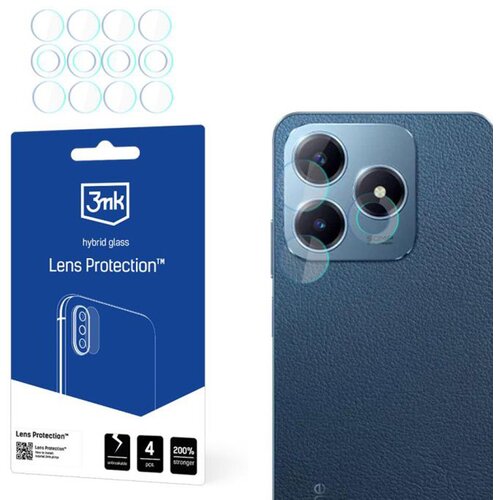 Opakowanie produktu "3mk hybrid glass Lens Protection" w kolorze niebieskim z białymi napisami i grafiką przedstawiającą telefon z trzema obiektywami. Obok znajduje się telefon z trzema obiektywami, na których nałożone są przezroczyste osłony.