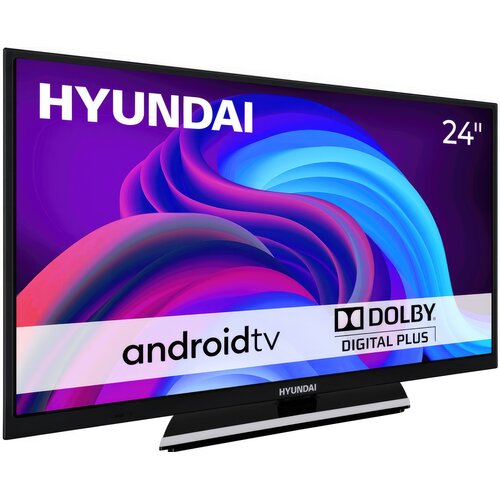 Telewizor marki Hyundai z ekranem 24 cale, wyświetlający kolorową grafikę z napisami: "HYUNDAI", "android tv", "DOLBY DIGITAL PLUS". Na obudowie widoczne jest logo "HYUNDAI".