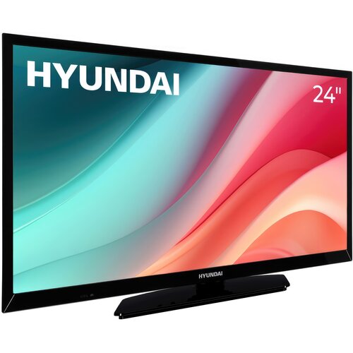 Telewizor z czarną ramką i podstawą, na ekranie widoczna jest kolorowa grafika z gradientem w odcieniach niebieskiego, różowego i czerwonego. W lewym górnym rogu ekranu znajduje się napis "HYUNDAI", a w prawym górnym rogu "24"".