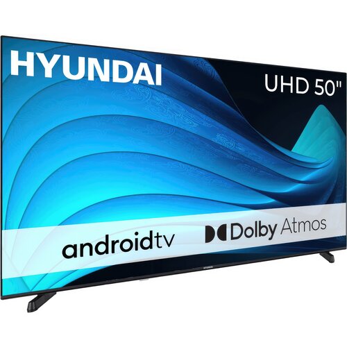 Telewizor marki HYUNDAI z ekranem o przekątnej 50 cali, wyświetlający grafikę w odcieniach niebieskiego, z widocznymi napisami: "UHD 50"", "android tv", "Dolby Atmos". Na dolnej ramce telewizora znajduje się logo HYUNDAI.