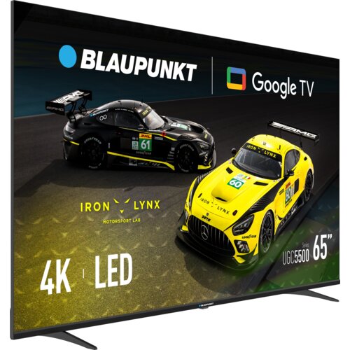 Telewizor BLAUPUNKT 65UGC5500S 65" LED Google TV HDMI 2.1 z wyświetlonym obrazem dwóch wyścigowych samochodów z napisami "IRON LYNX MOTORSPORT LAB" oraz "4K LED". Widoczne są również logotypy BLAUPUNKT i Google TV.
