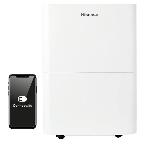 Białe urządzenie z logo "Hisense" na górze, obok którego znajduje się smartfon z wyświetlonym logo "ConnectLife". Produkt to osuszacz powietrza.