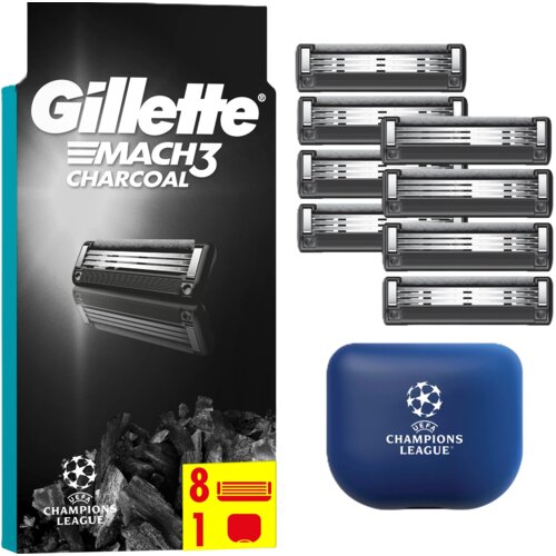 Opakowanie ostrzy do golarki z napisem "Gillette Mach3 Charcoal" oraz logo UEFA Champions League, obok osiem ostrzy i niebieskie etui z tym samym logo. Na dole opakowania widnieje liczba "8" oraz symbol ostrzy i liczba "1" z symbolem etui.