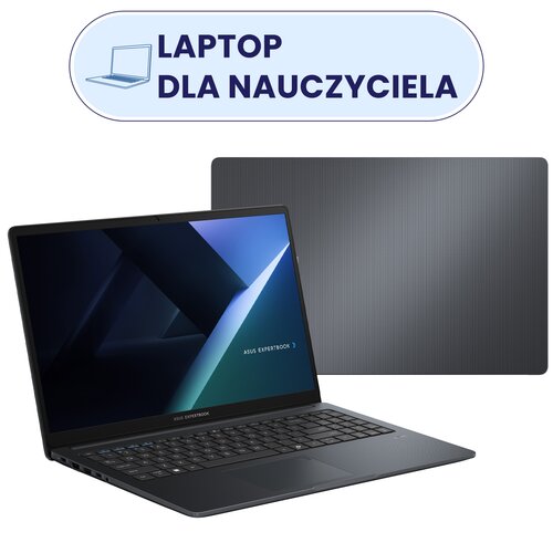 Na zdjęciu widoczny jest laptop z napisem na ekranie "ASUS ExpertBook" oraz jego zamknięta pokrywa z delikatnym wzorem. Nad laptopem znajduje się napis "LAPTOP DLA NAUCZYCIELA" w niebieskim polu z ikoną laptopa.