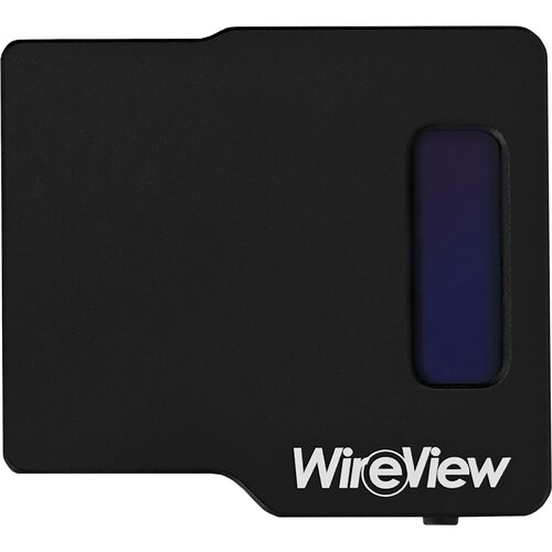 Czarny prostokątny licznik z logo "WireView" w dolnej części oraz pionowym, ciemnym wyświetlaczem po prawej stronie. Produkt ma gładką powierzchnię i zaokrąglone krawędzie.
