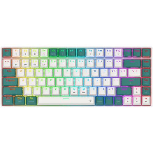 Na zdjęciu znajduje się klawiatura z podświetleniem RGB, z klawiszami oznaczonymi różnymi kolorami, w tym czerwonym, żółtym, zielonym, niebieskim i fioletowym. Widoczne są napisy na klawiszach, takie jak "Esc", "F1", "F2", "F3", "Tab", "CapsLk", "Shift", 